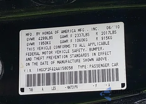 2010 Honda Accord 2.4 Lx-P из США, поврежденный, VIN 1HGCP2F42AA158058